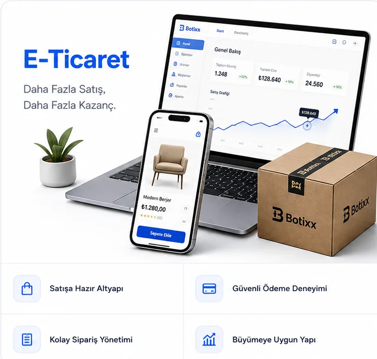 Botixx E-Ticaret çözümü: satış altyapısı, güvenli ödeme, sipariş yönetimi ve büyümeye uygun yapı